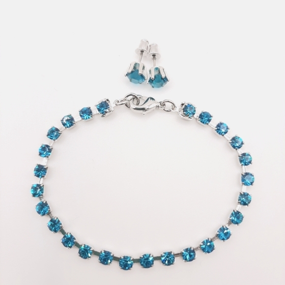None Jewelry - Tennis Bracelet Set Post Earrings Set Blue Zircon Swarovski Crystals